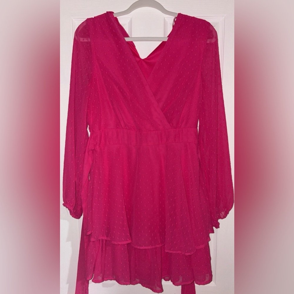 Hot Pink Mini Dress with Bow and Puffed Sleeves!